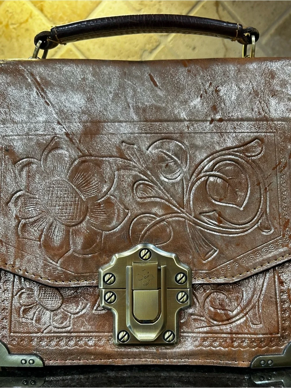 Patricia Nash Burnished Gold Tooled Leather Lanza Crossbody Bag